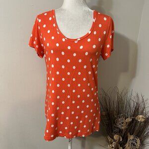 Van Heusen Studio Women Orange White Polka Top T-shirt Top Scoop Neck Sz L USA
